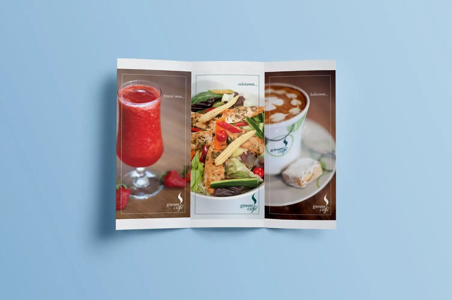 Gimm Cafe broşür tasarımı referans görseli